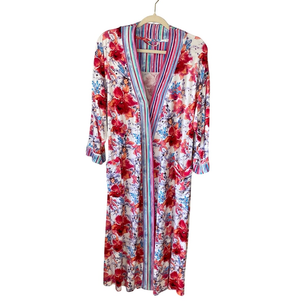 Soft Surroundings‎ Petite XL Floral Stripe Maxi Robe Pink Red Tropical Knit PXL